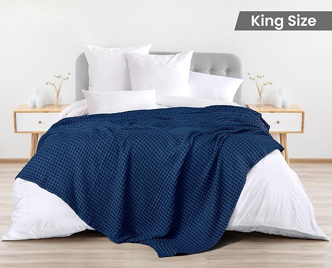 Utopia Bedding 100% Cotton Waffle Weave Blanket King Size for Bed - Lightweight, Breathable Summer Blankets Soft and Cozy, Gifts for Women Home Room Decor (Navy, 90x108 Inch)