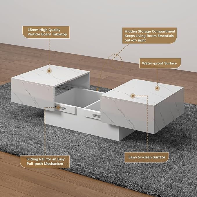 Marble Modern Coffee Table with Storage for Living Room, Living Room Table Rectangular Center Tables, Sliding Top with Hidden Storage, Wooden Cocktail Table for Dining Reception Room