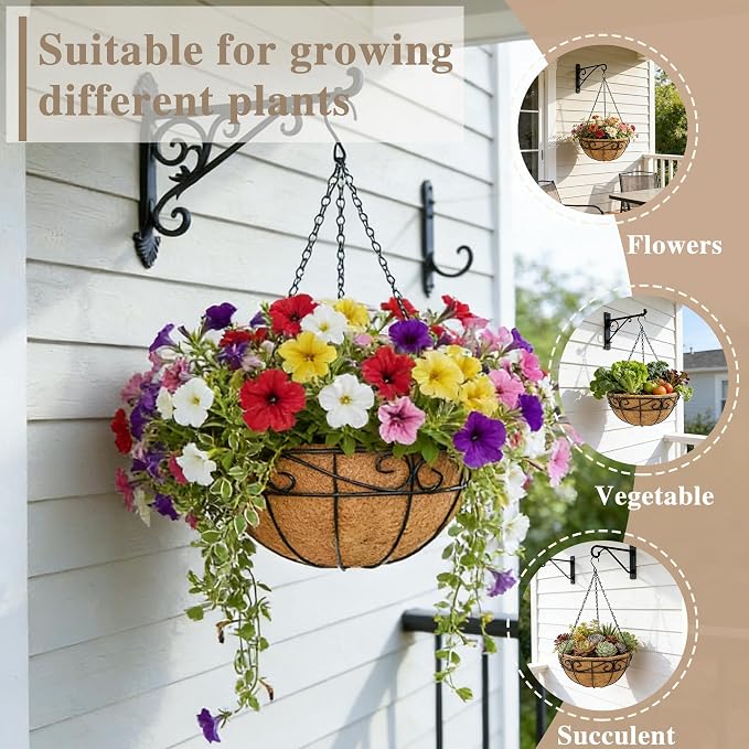EIMQUVW 4 Pack Outdoor Patio Hanging Baskets 12 Inch Chain Link Round Metal Hanging Planters with Coco Liner Wire Flower Pots Suitable for Balconies Porches Gardens and Windowsills