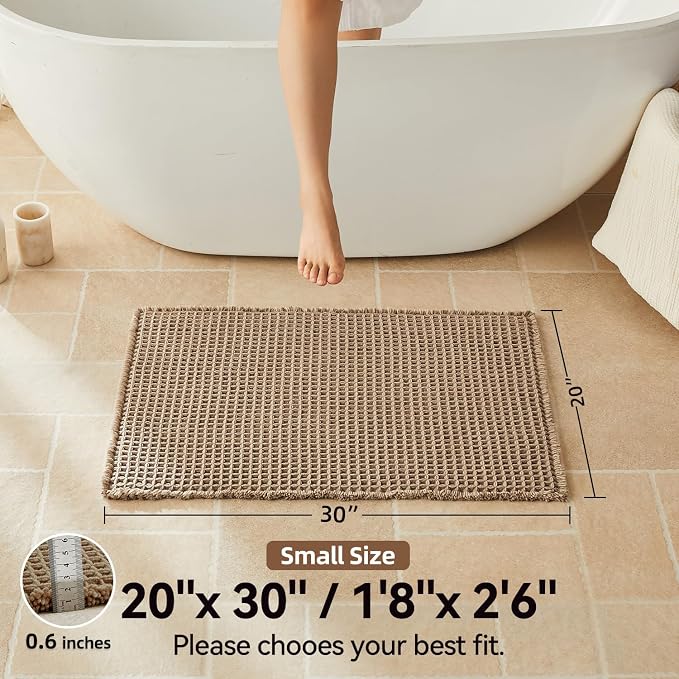 Triohero Waffle Bath Mat, Boho Bathroom Rugs Non Slip Washable, Ultra Soft Super Absorbent Quick Dry Farmhouse Bathroom Decor, 20" x 30", Beige