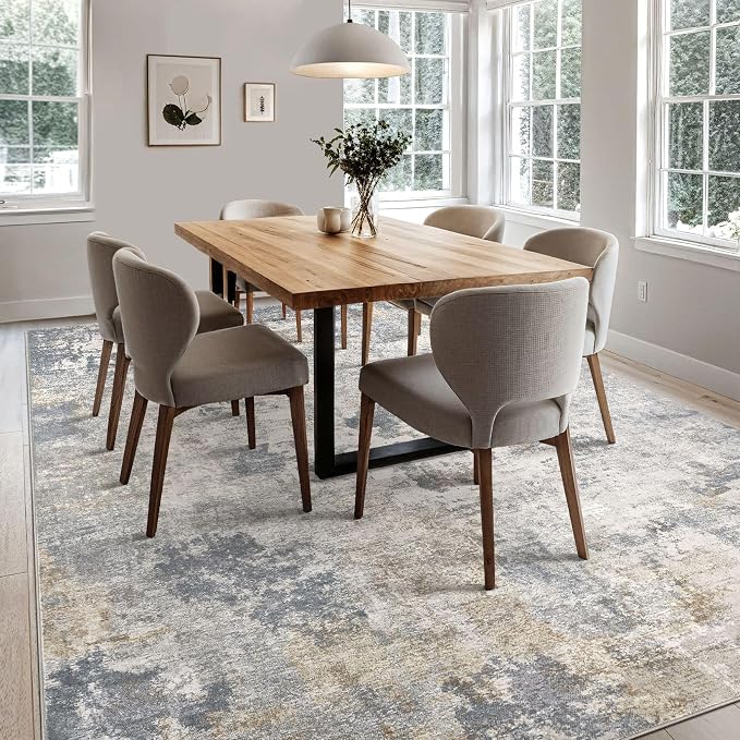 UERMEI 9x12 Area Rug Living Room Rugs - Washable Neutral Modern Abstract Soft Thin Large Rug Indoor Floor No Slip Rug Carpet for Bedroom Under Dining Table Home Office Decor - Blue Grey