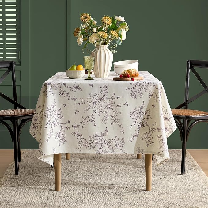 Linen Floral Tablecloths Rectangular Farmhouse Vintage French Rustic Tablecloth Purple Flowers Pattern Burlap Textured Outdoor Table Cover for Picnic,Dining,Party,Home Decor 55x90 Inch