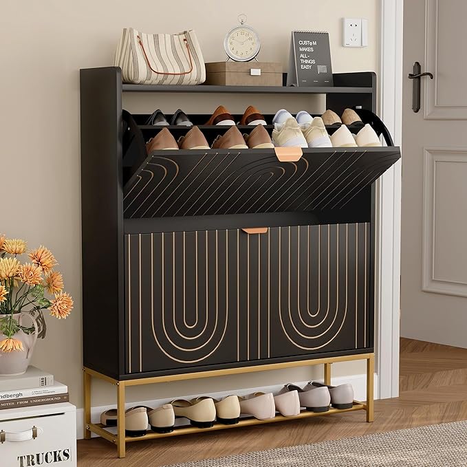 LEVNARY Narrow Shoe Storage Cabinet with 2 Flip Drawers, Wooden Freestanding Hidden Shoes Rack Organizer for Entryway, Mid-Century Modern Shoe Cabinet with Carving Lines for Hallway Foyer (1, Black)