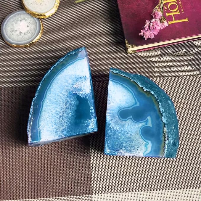 AMOYSTONE Teal/Green Agate Bookends, Heavy-Duty Large Book Ends for Heavy Books, Unique Sujetalibros 6-8 LBS with Rubber Bumpers, Perfect for Office Bookshelf and Home Decor