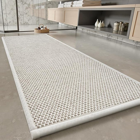 PADOOR-Bath Mat Runner-Super Absorbent Chenille Bathroom Mats-Rubber Backed Bath Mats for Bathroom Non Slip, Easy Clean Bathroom Runner Rugs Front of Bathtub,Shower Room,Sink-24×48, Beige&Cream