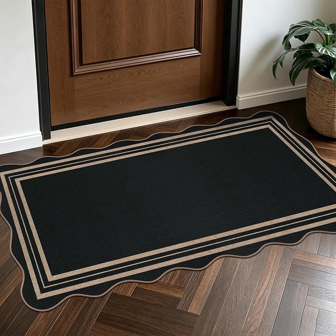 Scalloped Easy Jute Black Rug, 2x4 Front Door Washable Door Mat Non Slip Small Kitchen Area Rug, Farmhouse Low Pile Floor Rugs for Entryway Porch Doorway