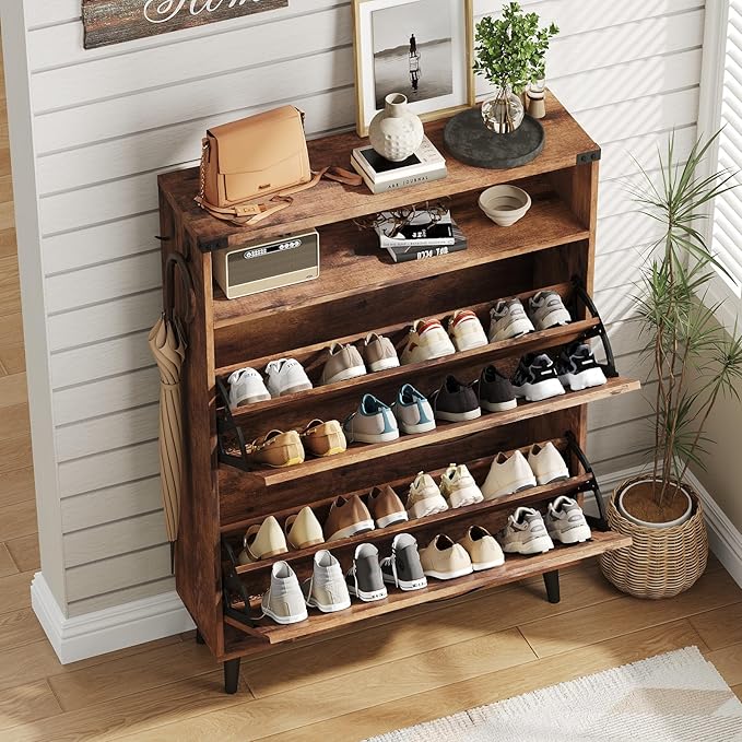 Vabches Shoe Storage Cabinet with 2 Flip Drawers,Freestanding Narrow Shoe Organizer with Open Storage,Hidden Slim Shoe Rack Cabinet for Entryway,Hallway,Brown