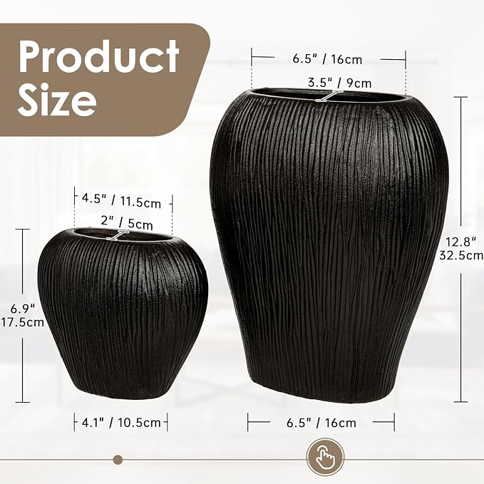 Slim Flat Ceramic Vase for Home Decor, 13" Ribbed Modern Flower Vase, Space-Saving Narrow Decorative Vase for Pampas Grass Artificial Flowers, Farmhouse Boho Table Centerpiece, Black