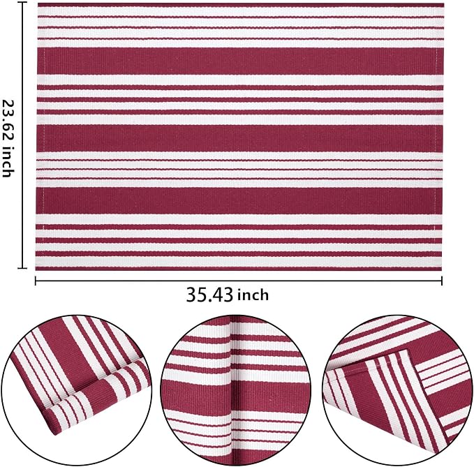 Red and White Striped Outdoor Rug 24'' x 35'' Door Mat Outdoor Machine Washable Welcome Mats Cotton Hand-Woven Entryway Rug for Front Porch/Entryway/Laundry/Bathroom/Bedroom
