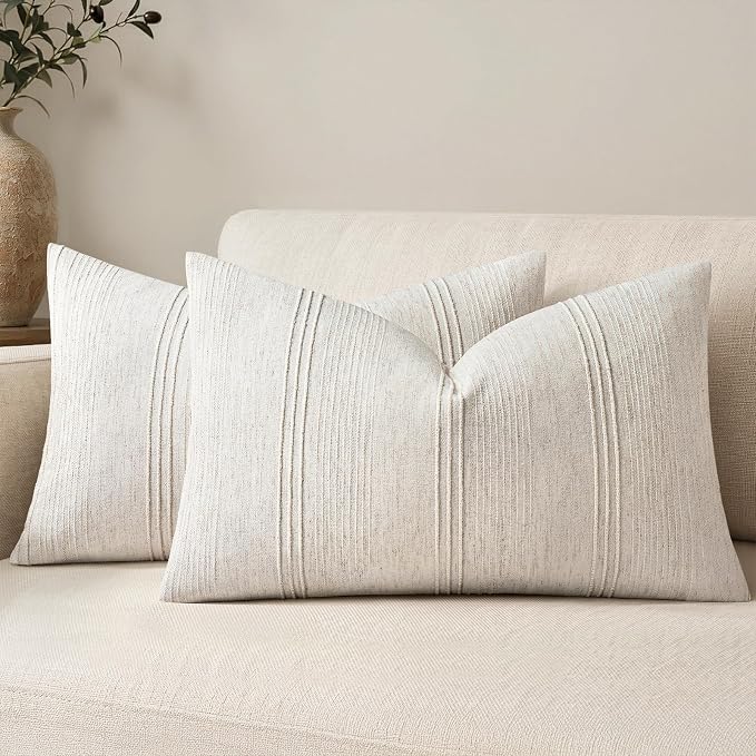 MIULEE Lumbar Striped Throw Pillow Covers 12x20 Decorative Textured Pillow Covers Pack of 2 Linen Cushion Cases for Couch Bed Sofa Livingroom Farmhouse Home Decor, Natural Beige
