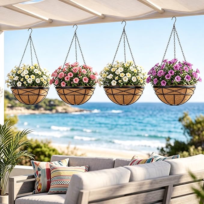2 Pack 18 Inch Extra Large Deep Hanging Baskets for Plants Outdoor Metal Hanging Planters Flower Pots with Coco Liners Black Hanging Plant Holder for Porch Balcony Garden Planting