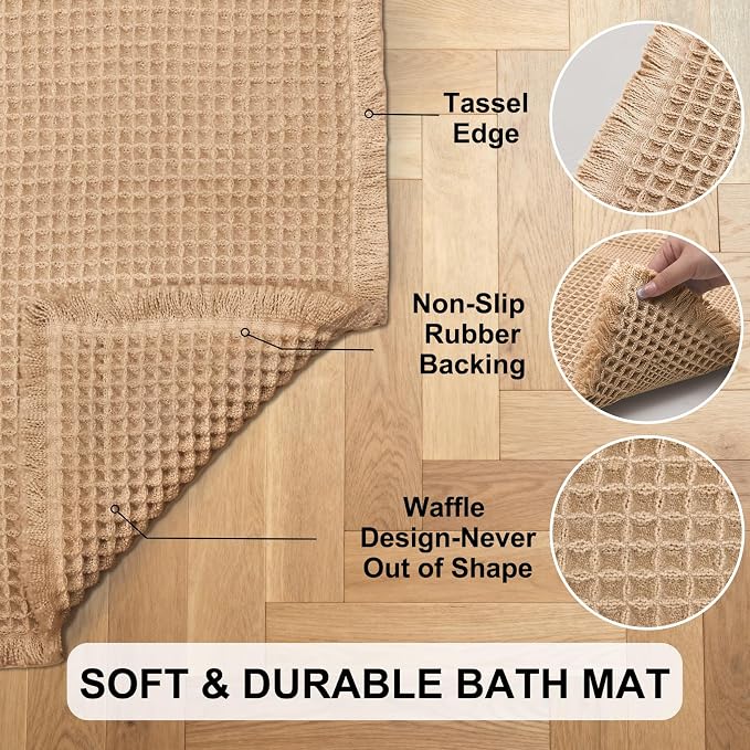 Hiasan Set of 2 Waffle Bath Mat, Super Absorbent Non Slip Bathroom Boho Rug with Tassels, Machine Washable Bath Mats for Bathroom, Ultra Soft Rubber Backed Rug, Brown, 16" x 24" + 24" x 60"
