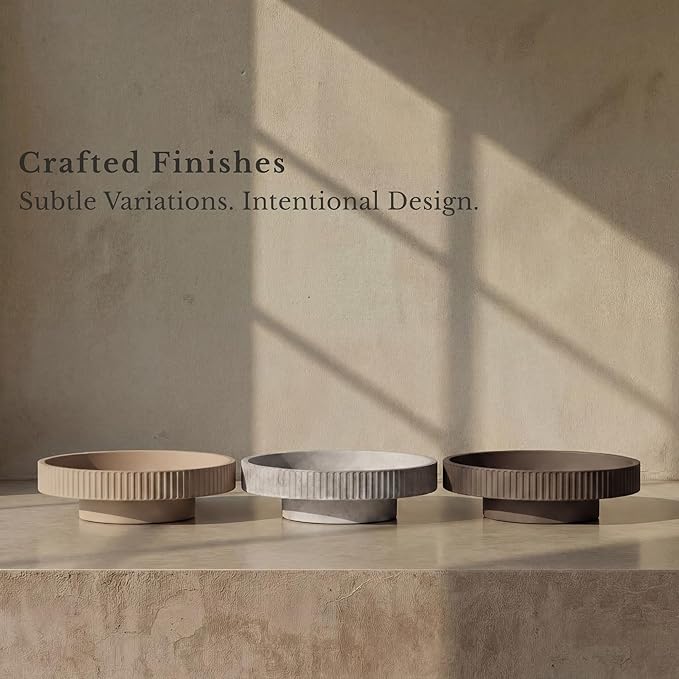 JUPTR Concrete Fruit Bowl (12") – Shallow Fluted Pedestal Decorative Centerpiece Bowl for Table, Entryway Catch-All & Modern Home Decor – Heavyweight Stone Bowl (Natural)