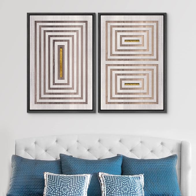 SIGNWIN Framed Canvas Print Wall Art Set Mid-Century Geometric Gold Square Pattern Abstract Shapes Illustrations Minimal Decorative Bohemian for Living Room, Bedroom, Office - 24"x36"x2 Black