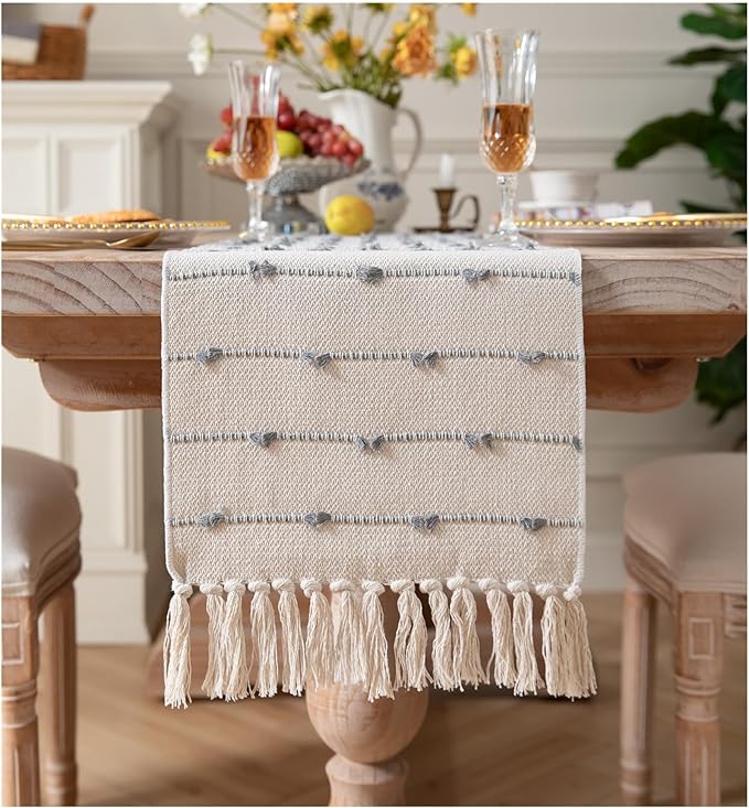 Caflife Boho Table Runner 72 Inchs Long for Modern Farmhouse Room Home Decor, Grey and Beige Coffee Table Runner, Natural Cotton Woven with Tassels Neutral, for Kitchen Dining Table Decor