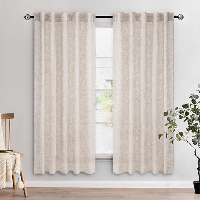 MIULEE Natural White Linen Curtains 72 Inch Length for Bedroom Living Room, Soft Thick Linen Textured Window Drapes Semi Sheer Light Filtering Rod Pocket Back Tab Farmhouse Cream Ivory, 2 Panels