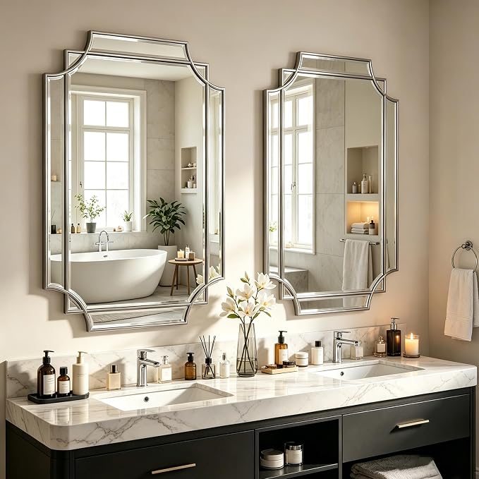 Geometric Beveled Mirror, 36" x 24" Silver Art Deco Mirror with Silver Wood Frame, Rectangle Accent Wall Mirror for Entryway, Bathroom, Living Room, Bedroom, Horizontal or Vertical Hanging