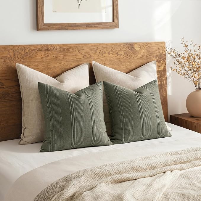 MIULEE Striped Throw Pillow Covers 18x18 Decorative Textured Pillow Covers Pack of 2 Linen Cushion Cases for Couch Bed Sofa Livingroom Farmhouse Home Decor, Olive