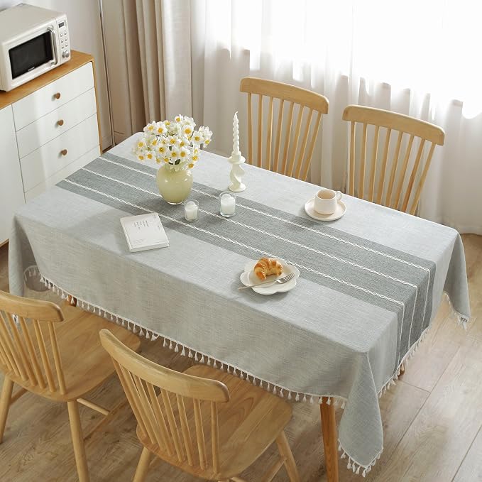 JIALE Tablecloths for Rectangle Tables,Cotton Linen Table Cloth Waterproof Tablecloth Wrinkle Free Farmhouse Dining Tables Cover,Soft Fabric Table Cloths with Tassels,Grey,55" X 102",8-10 Seats