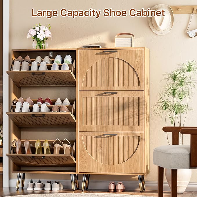Farmhouse Shoe Cabinet Storage for Entryway, Slim Shoe Rack Cabinet with 3 Flip Drawers, Narrow Shoe Organizer Cabinet with Stylish Round Panel, Metal Leg and Handle