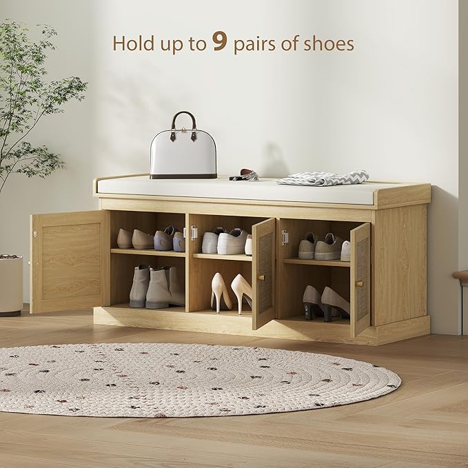 HOMCOM Shoe Bench with Woven Rattan Doors, Shoe Storage Bench with Cushion, Adjustable Shelves for 9 Pairs, Boho Style Entryway Bench for Bedroom, Living Room, 13.8 x 41.3 x 18.5 Inches, Oak Tone