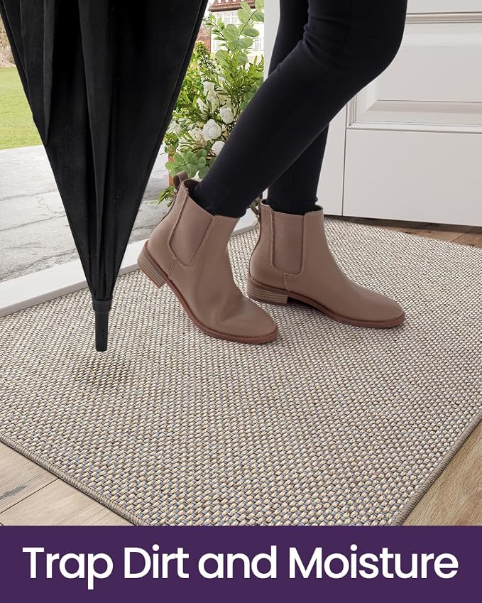 DEXI Ultra Thin Door Mat Indoor Entrance 35x56, Non Slip Rubber Backed Entryway Mats Dirt Trapper, Low Profile Front Doormat for Inside Entry, Patio, Porch, Beige