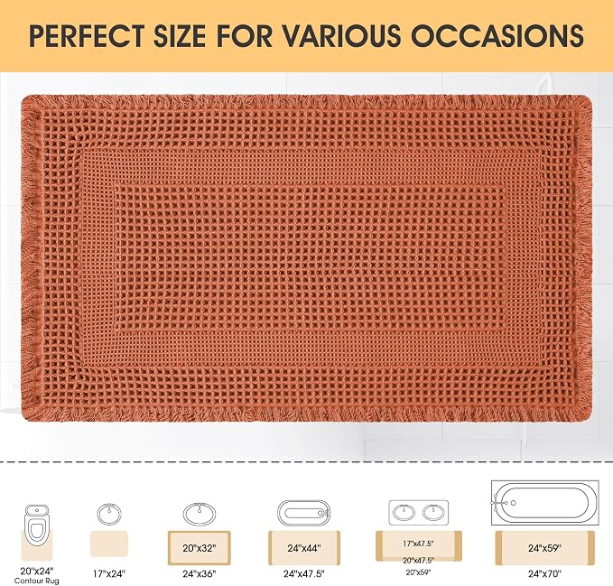 Upgrade Waffle Bath Mat, Boho Bathroom Rugs Absorbent Non Slip, Ultra Soft Bathroom Mat, Machine Washable Knit Bath Rugs with Tassels for Bathroom, Bedroom, Kitchen,Shower,Tub, 32"x20", Burnt Orange