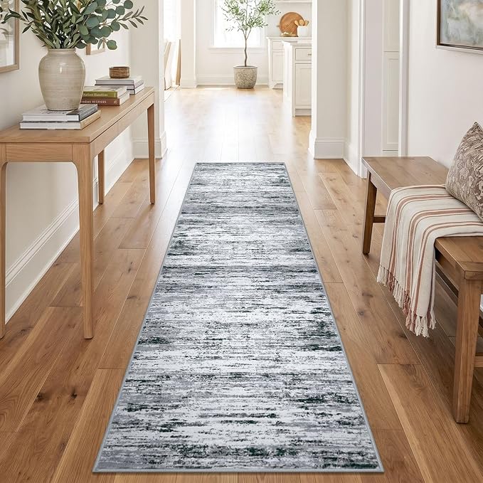Lansny Modern Abstract Runners for Hallways 2x8, Washable Runner Rug Non-Slip Indoor Soft Thin Hallway Runner Rugs, Print Faux Wool Kitchen Runners Floor Carpet for Entryway Bedroom, Black Grey White