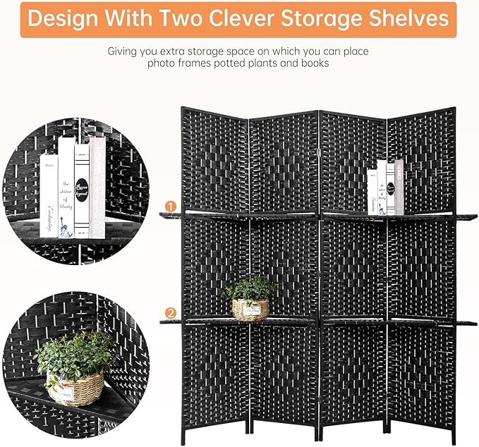 Room Divider 4 Panel Room Screen Divider Wooden Screen Folding Portable Partition Screens Wood with Removable Storage Shelves Color, Black