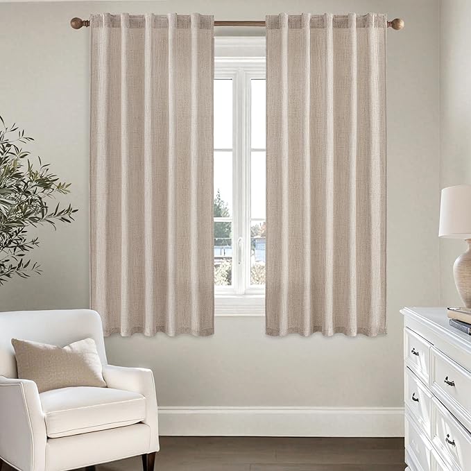 MIULEE Faux Linen Curtains 63 Inch Length 2 Panels Natural Semi Sheer Curtain with Back Tab Rod Pocket, Light Filtering Window Privacy Burlap Drapes for Living Room Bedroom 42W x 63L Linen