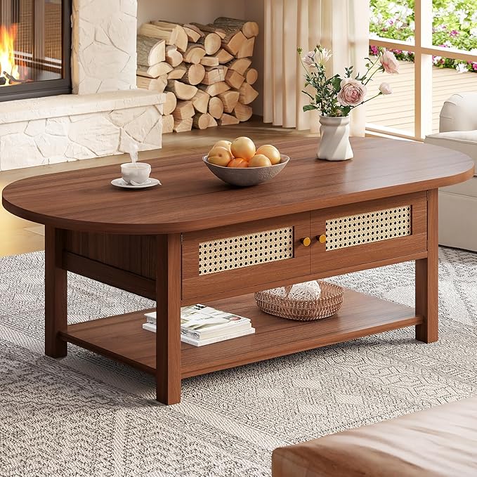 LVB Rattan Coffee Table, Boho Wood Living Room Table with Storage, Oval Modern 2-Tier Cocktail Tea Table with Doors & Open Shelf, Farmhouse Vintage Center Tables for Bedroom Office, Walnut, 47Inch