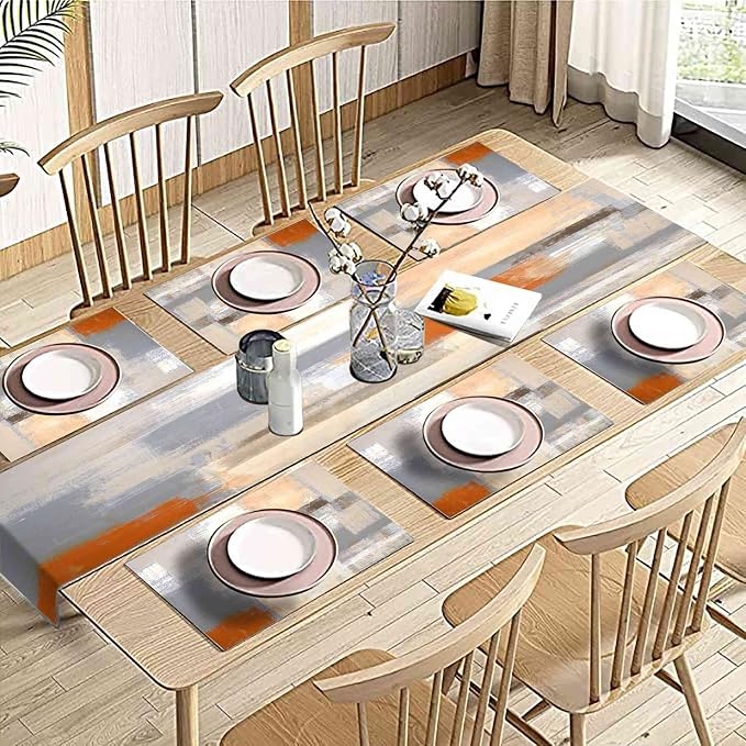 Orange and Grey Table Runner and Place Mats Set of 6 Abstract Modern Table Runners and Placemats Burnt Orange Dining Mat Sets Washable Vintage Tabletop Home Decorations 90 Inches Long