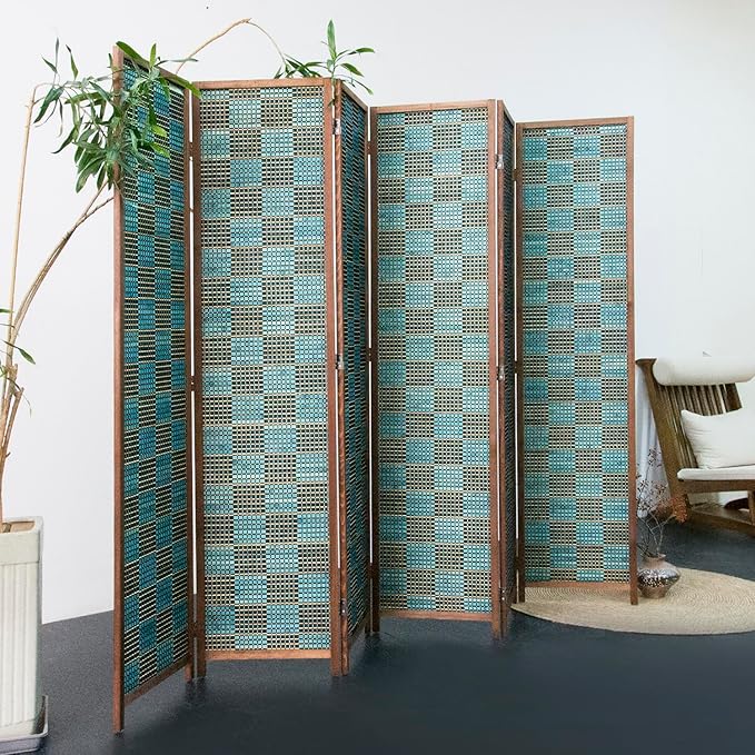 Furnnylane 6 Panel Room Divider Screen and Folding Panel Screen,Double Sided Bamboo Divider for Room Separation,Blue Square,67" H x 94.5" W