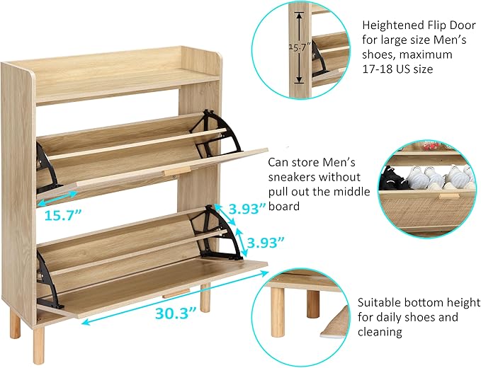 Finnhomy Extended Edition Shoe Cabinet with Natural Rattan Flip Drawers for Entryway, Free Standing 2 Tier Slim Shoe Organizer with Large Top Board, Shoe Cabinet with 3-Gear Adjustable Width Drawers