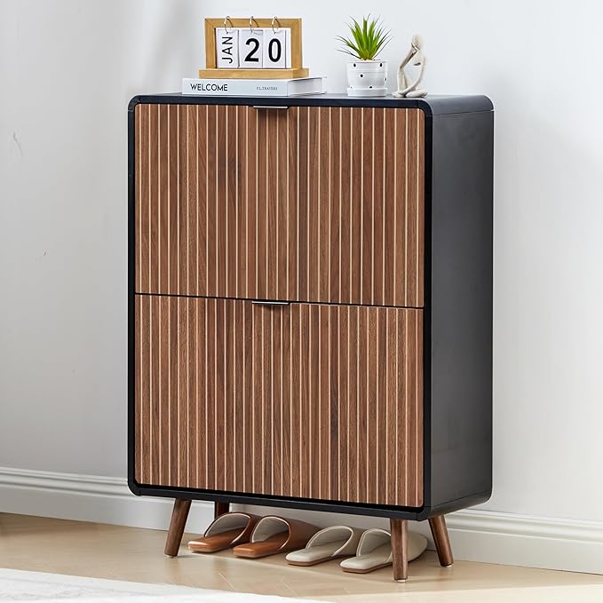 FurSch Fluted Shoe Cabinet Storage for Entryway,Slim Shoe Cabinet with 2 Flip Drawers, Narrow Shoes Rack Organizer (All Walnut, 2 Drawers)