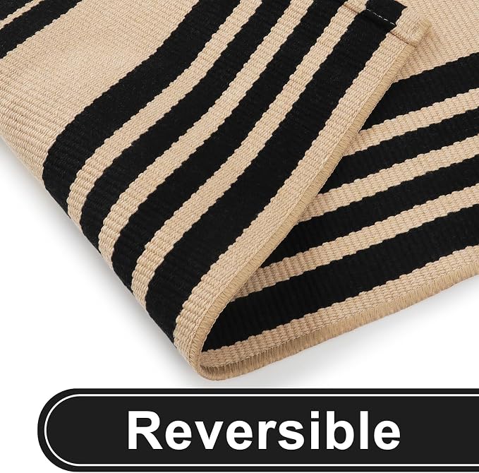 KIMODE Indoor Outdoor Rug 5'x7', Black and Khaki Striped Outdoor Rug,Reversible Washable Large Patio Rugs, Cotton Hand Woven Farmhouse Indoor Area Rug Floor Carpet for Backyard Living Room