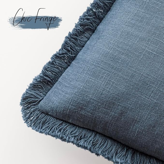Foindtower Set of 2 Decorative Linen Fringe Throw Pillow Covers Cozy Farmhouse Cushion Cover with Tassels Accent Pillowcase for Couch Chair Sofa Bed Living Room Home Decor,20×20 Inch,Dark Blue