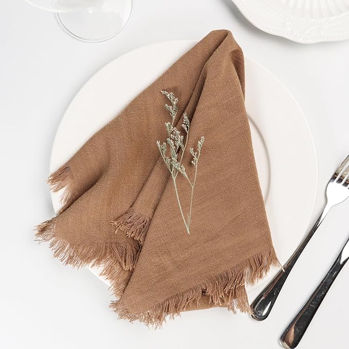 Handmade Cloth Napkins with Fringe,18 x 18 Inches Cotton Linen Napkins Set of 12 Versatile Handmade Square Rustic Fringe Napkins for Dinner, Wedding and Parties, Taupe