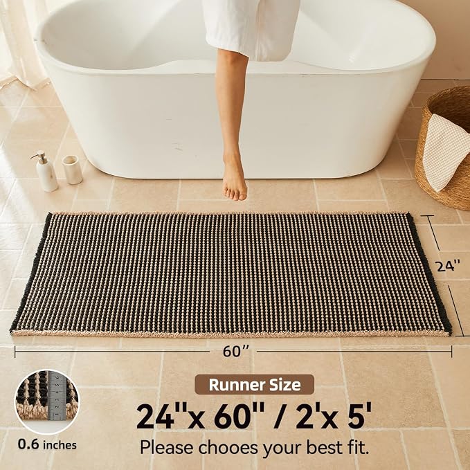 Triohero Waffle Runner Bath Mat - Long Bathroom Rugs Non Slip Washable, Ultra Soft Super Absorbent Quick Dry Boho Farmhouse Bathroom Decor, 24" x 60"', Black & Khaki