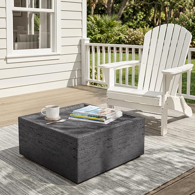 UPHA 28" Square Outdoor Coffee Table, Modern Hollow Concrete Patio Table, Small Minimalist Low Accent Table for Living Room, Balcony, Deck, Backyard, Dark Gray
