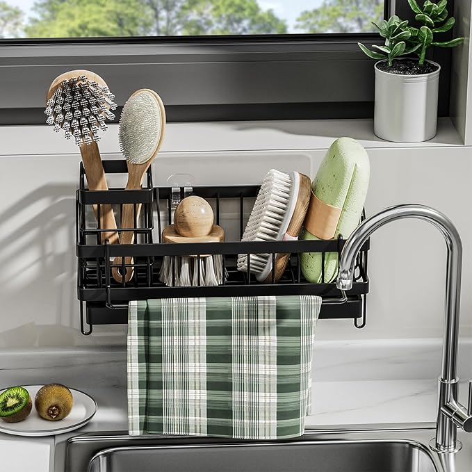 Sponge Holder,Kitchen Sink Caddy Organizer with High Brush Holder, Stainless Steel Kitchen Countertop Organizers and Storage Accessories,Soap Dispenser Organize (Black, 9.65"*3.94"*3.94")