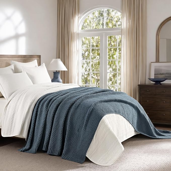 EVERGRACEHOME Chunky Chenille Knit Throw Blanket for Couch, Soft Luxurious Oversized Queen Moss Stitch Blanket for Bed, Cozy Farmhouse Knitted Throw for Sofa, Stormy Blue, 90" x 90"