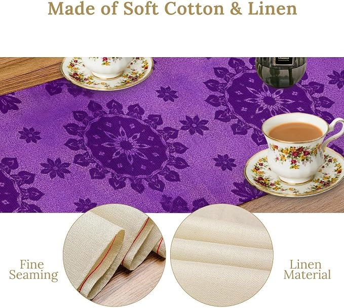 YCness Abstract Flower Mandela Table Runner, Watercolor Purple Geometric Modern Vintage Art Table Runner Table Cloth for Wedding Party Holiday Home Decor, 13x108 Inch