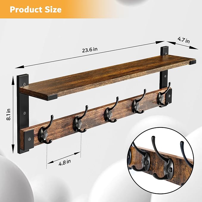 Oraich Coat Rack Wall Mount with Hooks and Shelf for Coat, Backpack, Key, Clothes Hanger, Wall Floating Shelf for Entryway, Living Room, Bathroom, Bedroom, Kitchen