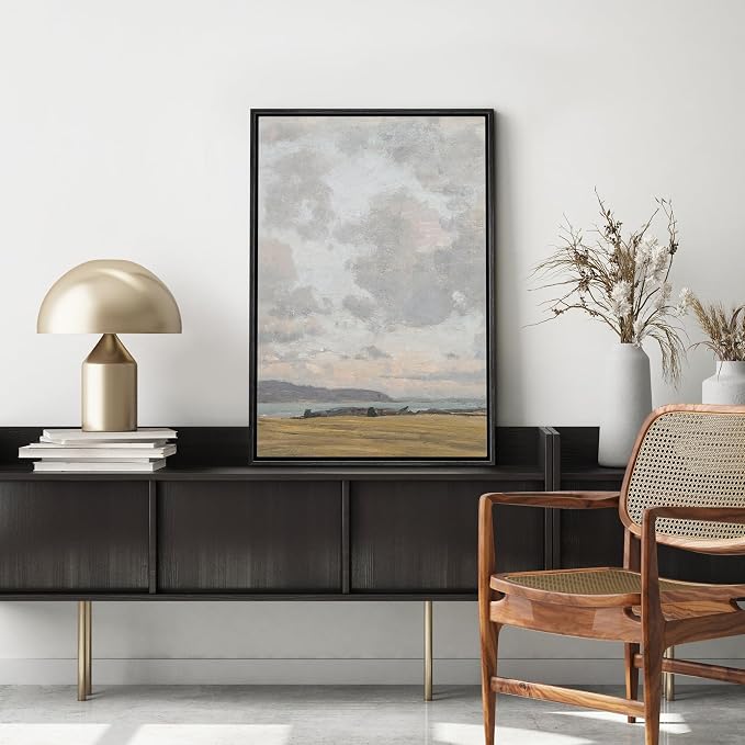 MUDECOR Framed Canvas Print Wall Art Coastal Horizon Cloudscape Serene Ocean View with Overcast Sky Illustrations Digital Art Decorative Bohemian Contemporary for Bedroom - 24"x36" Black