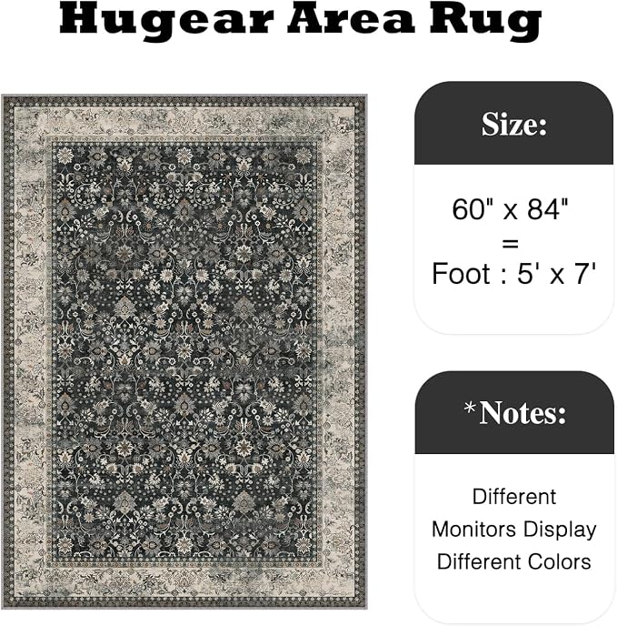 HUGEAR 5x7 Machine Washable Rugs Black Beige Hallway Area Rug Indoor Accent Rug Floral Low Pile Carpet Soft Throw Aesthetic Rug Bedroom Living Room Office Dining Room Laundry Room Non Slip