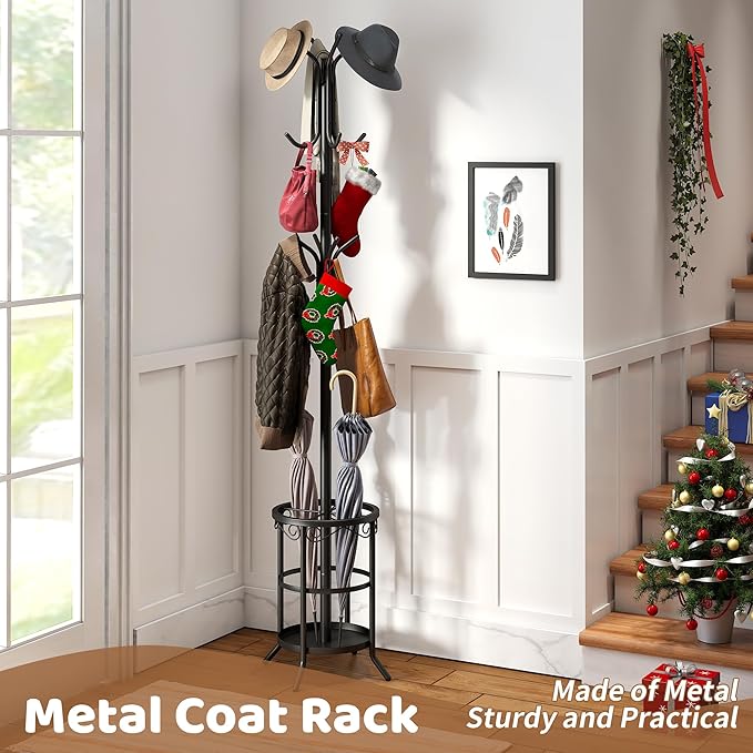 Coat Rack Freestanding with Umbrella Stand Coat Rack Stand with 12 Hooks Metal Coat Tree Coat and Hat Hanger Jacket Entryway(Black)