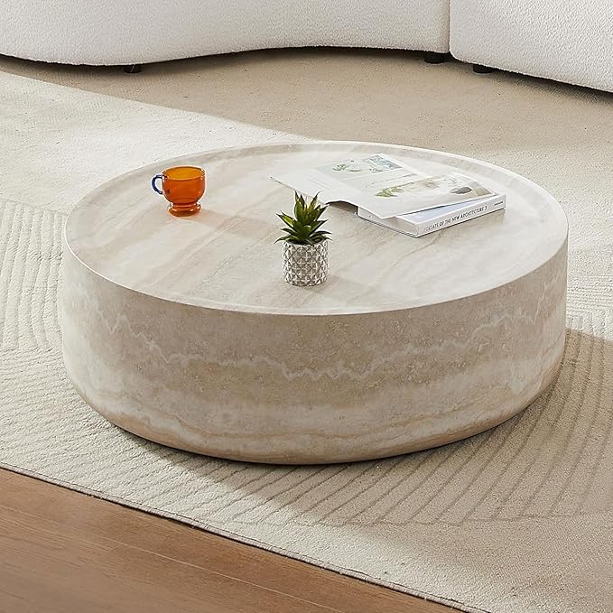 WILLIAMSPACE 39.37'' Round Coffee Table in Faux Marble, Modern Circle Fiberglass Drum Stone Center Table Side Table Tea Table for Living Room, No Need Assembly (Mars Pattern)