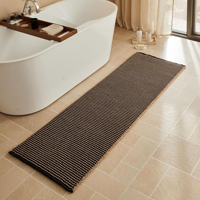 Triohero Waffle Runner Bath Mat - Long Bathroom Rugs Non Slip Washable, Ultra Soft Super Absorbent Quick Dry Boho Farmhouse Bathroom Decor, 24" x 72", Black & Khaki