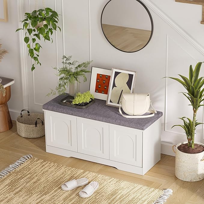 DINZI LVJ Shoe Bench, Entryway Storage Bench with Doors, Cushion, 2-Tier Shoe Rack with 6-Cubby, 39.4”L x 13.8”W Shoe Organizer Cabinet, Adjustable Shelf, Living Room, Bedroom, White